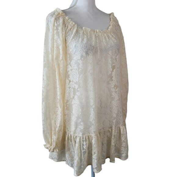 Steve Madden Lace Tunic Top Blouse Cream Sz Small Sheer See Through Peplum Hem - Picture 1 of 8